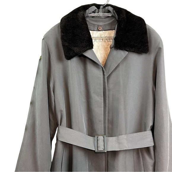 Cloud Nine Faux Fur Belted Buttoned Trench Coat Jacket Gray Brown Size Small - Picture 3 of 9